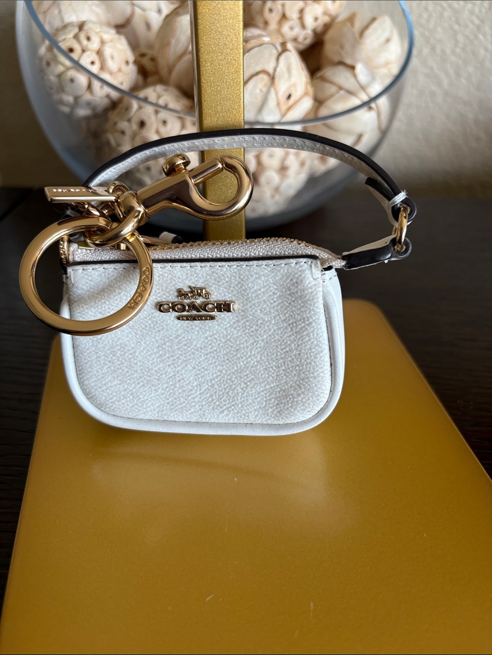 Coach White Pebbled Leather Mini Wristlet Key Pouch with Gold Hardware